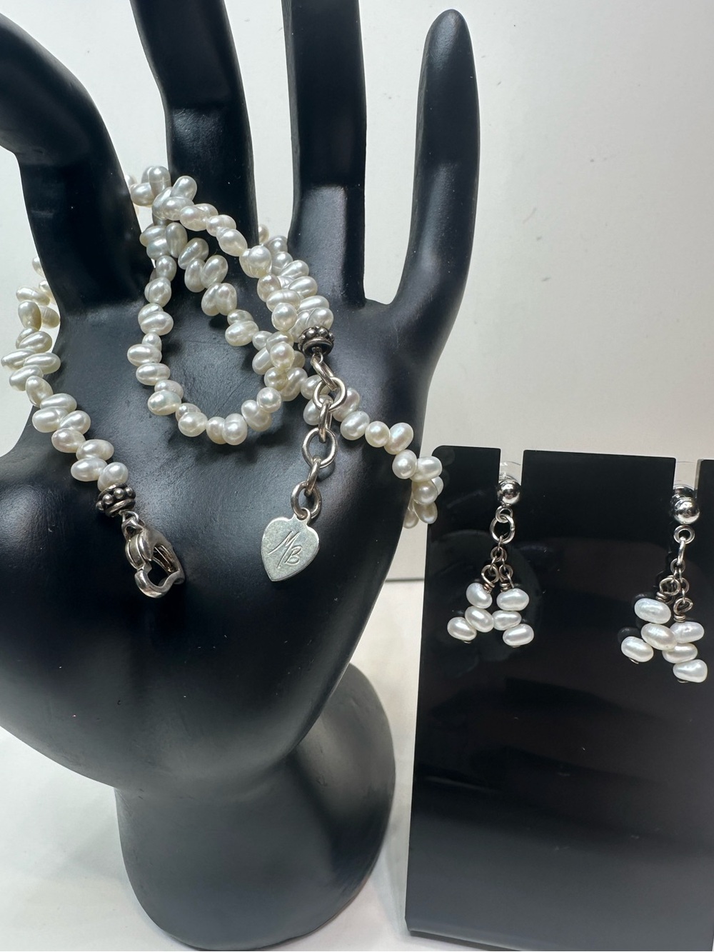 Genuine Pearl Necklace Earrings Set Sterling Silver 925 Signed MB Jewelry Design - Picture 14 of 15